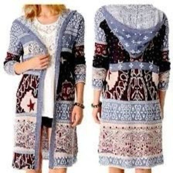 Free People Size M Bandana Tapestry Knit Duster Sweater Red Blue Hooded Cardi - Picture 1 of 14